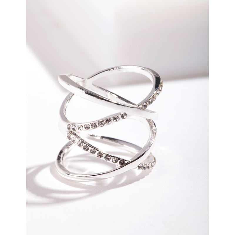 Silver Diamante Double Cross Ring