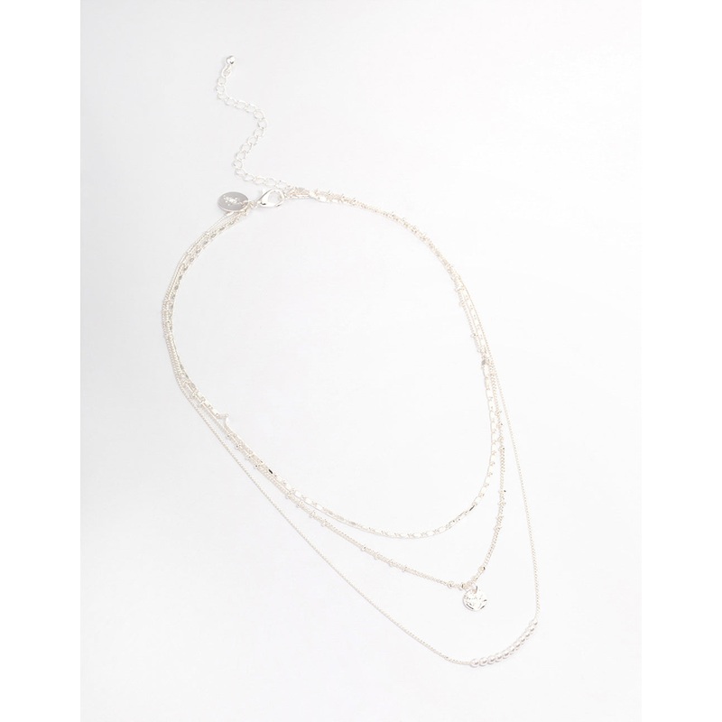Silver Plated Fine Triple Layered Beaded Disc Necklace