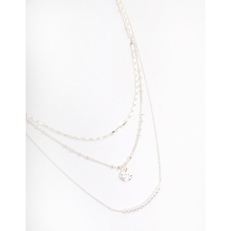 Silver Plated Fine Triple Layered Beaded Disc Necklace