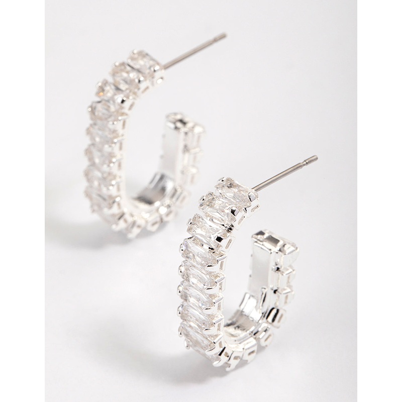 Silver Plated Oval Horizontal Baguette Hoop Earrings