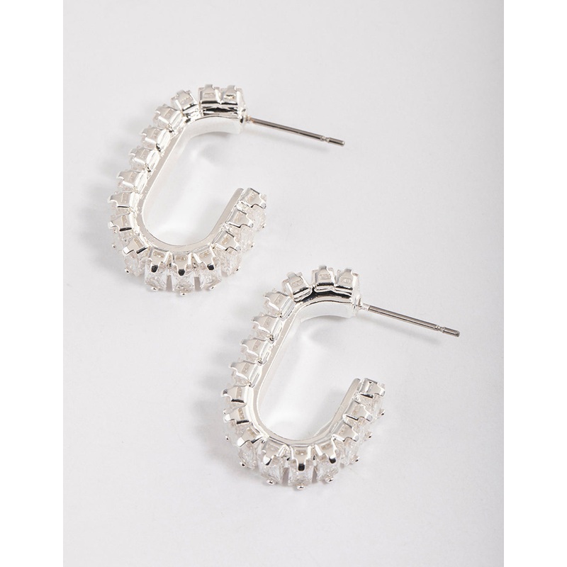 Silver Plated Oval Horizontal Baguette Hoop Earrings