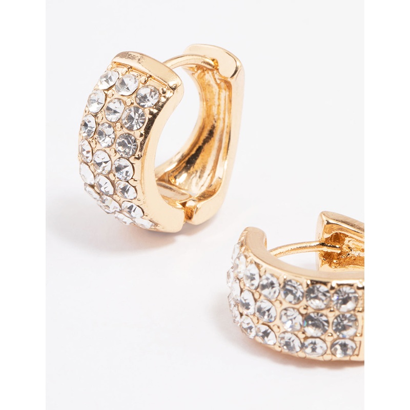 Gold Triple Row Diamante Small Huggie Earrings