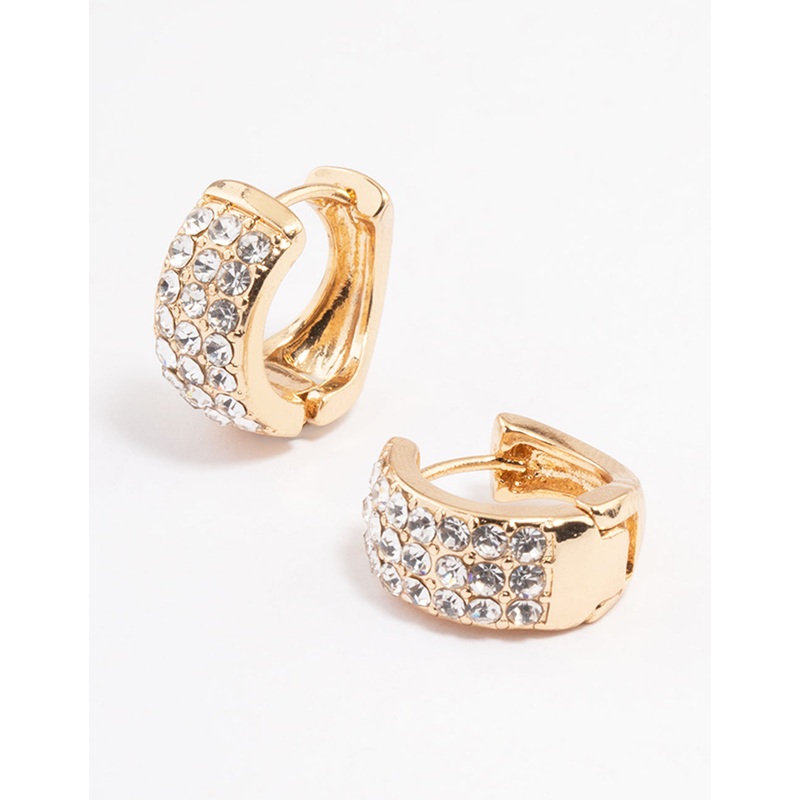 Gold Triple Row Diamante Small Huggie Earrings