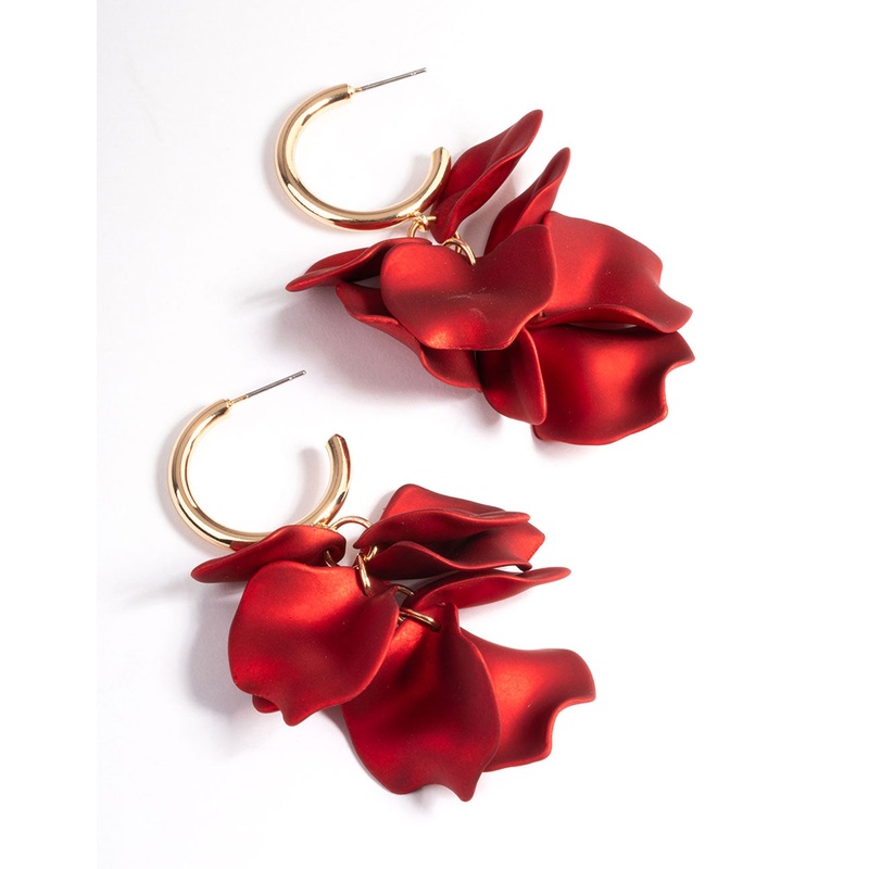 Red Coated Petal Huggie Earrings