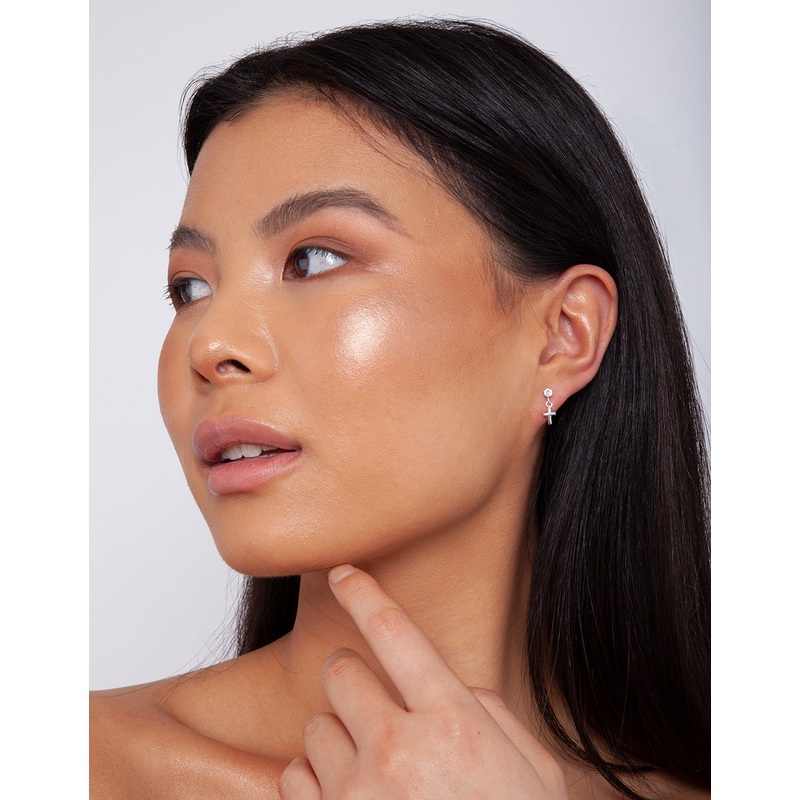 Sterling Silver Mini Cross Diamante Earrings