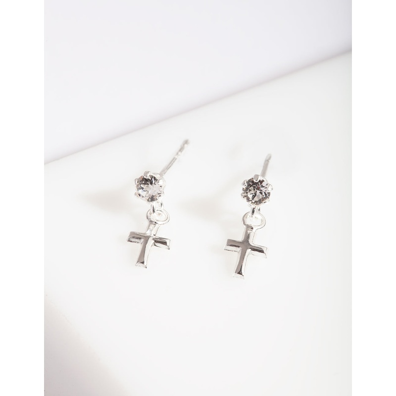 Sterling Silver Mini Cross Diamante Earrings