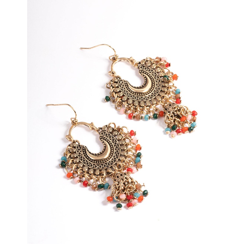 Antique Gold Multi Bead Drop Jhumka Earrings