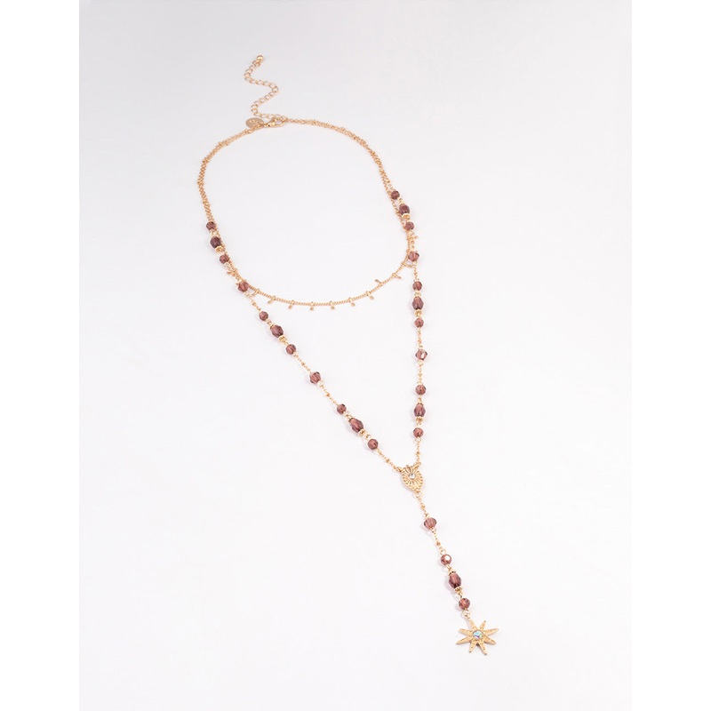 Gold Beaded Double Row Evil & Star Necklace