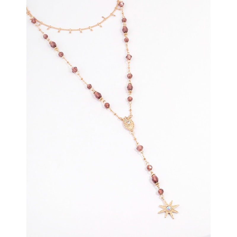 Gold Beaded Double Row Evil & Star Necklace