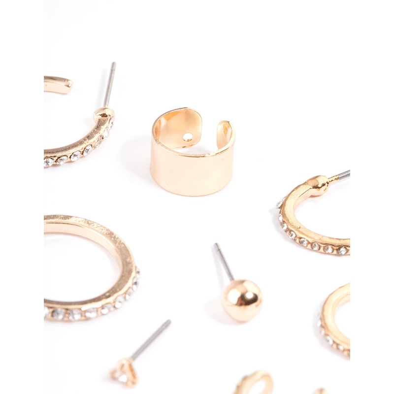 Gold Diamante Hoop, Stud & Cuff Earring Pack