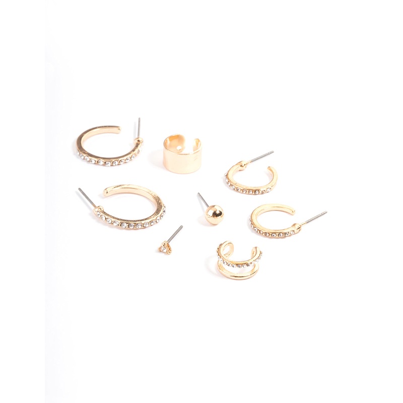 Gold Diamante Hoop, Stud & Cuff Earring Pack