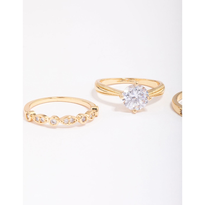 Gold Plated Cubic Zirconia Round Stone Ring Pack