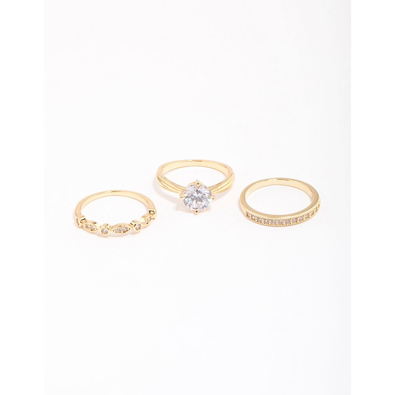 Gold Plated Cubic Zirconia Round Stone Ring Pack