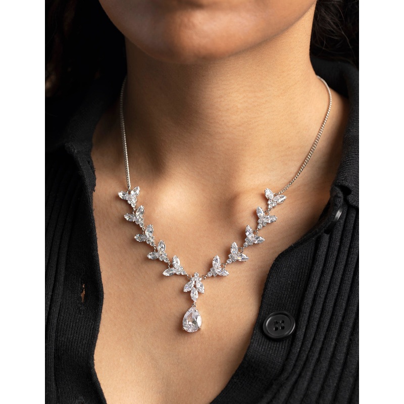 Silver Cubic Zirconia Teardrop Lariat Necklace
