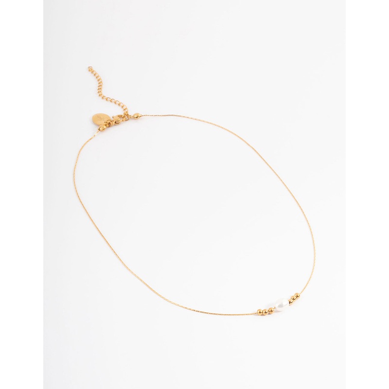 Gold Plated Stainless Steel Ball & Freshwater Pearl Necklace