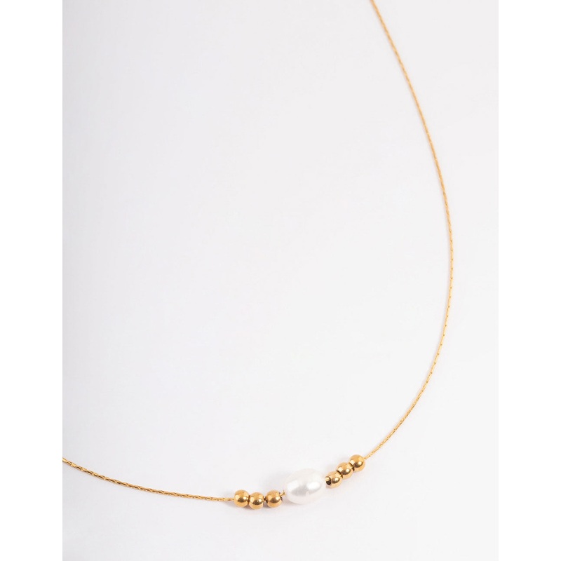 Gold Plated Stainless Steel Ball & Freshwater Pearl Necklace