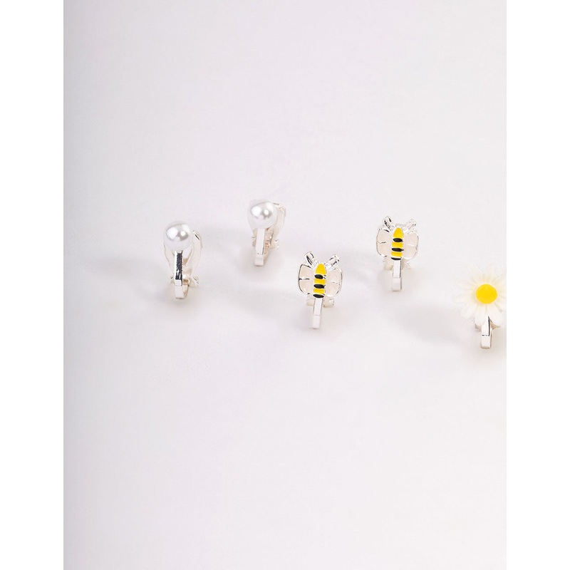 Kids Silver Daisy Clip On Earrings 5-Pack
