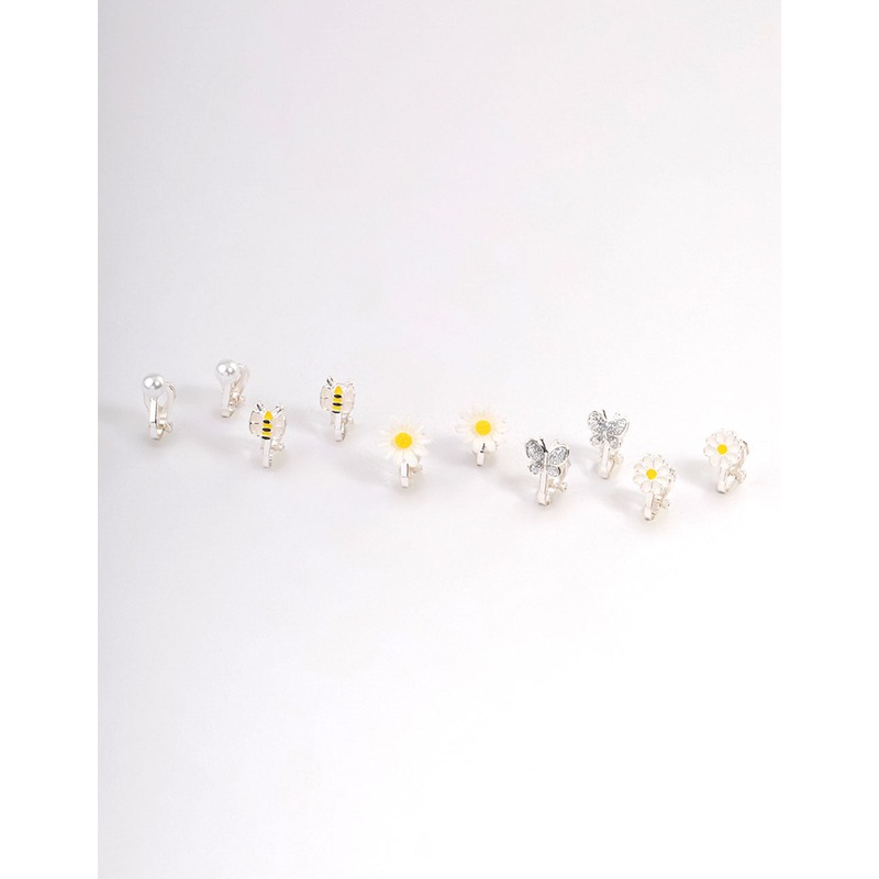 Kids Silver Daisy Clip On Earrings 5-Pack