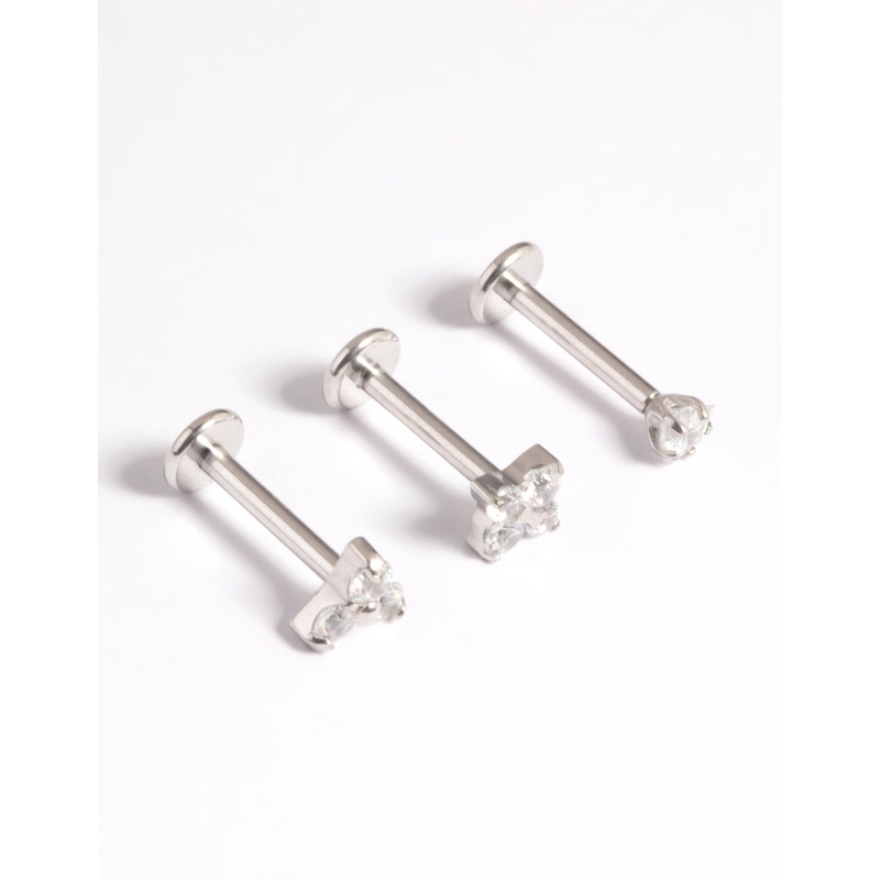 Platinum Plated Titanium Threadless Cubic Zirconia Geometric Flat Back Pack