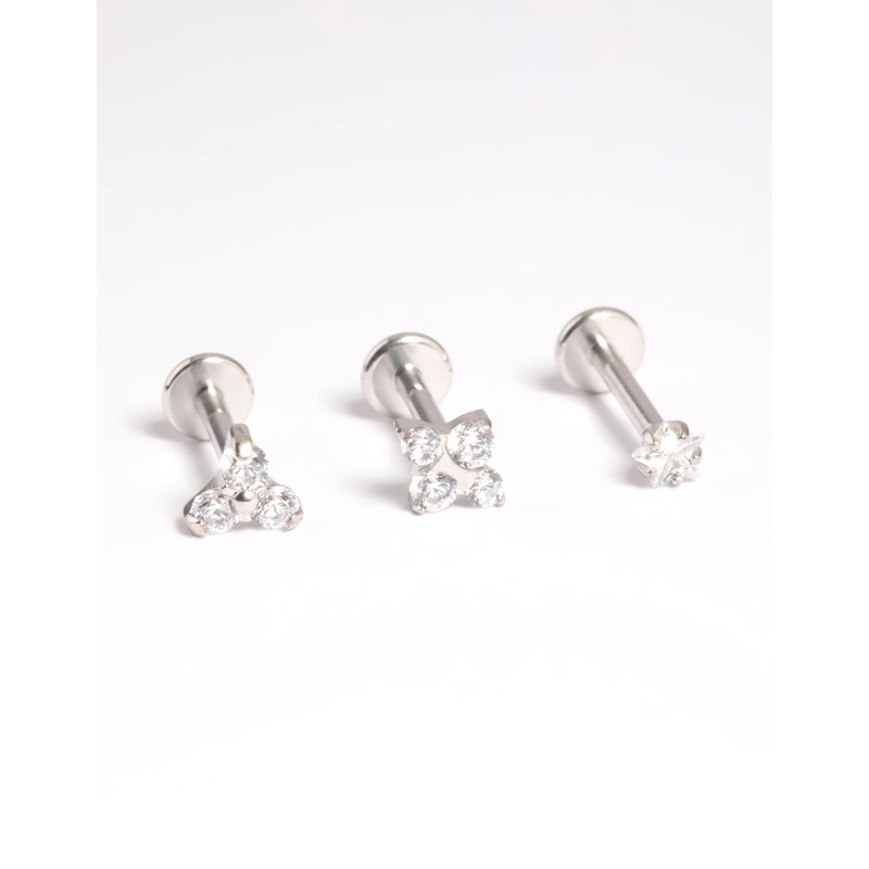 Platinum Plated Titanium Threadless Cubic Zirconia Geometric Flat Back Pack