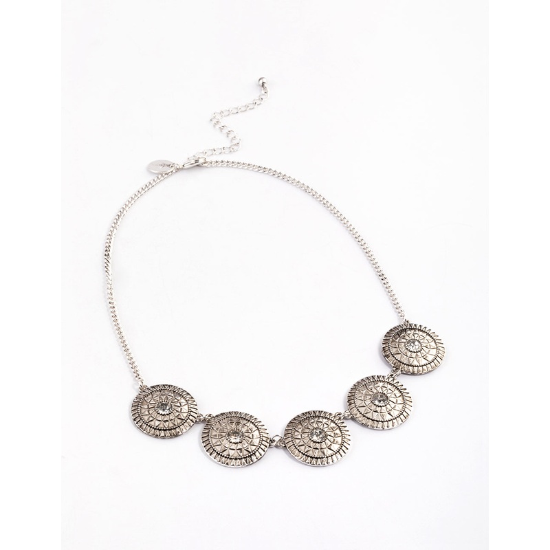 Antique Silver Diamante Pattern Disc Necklace