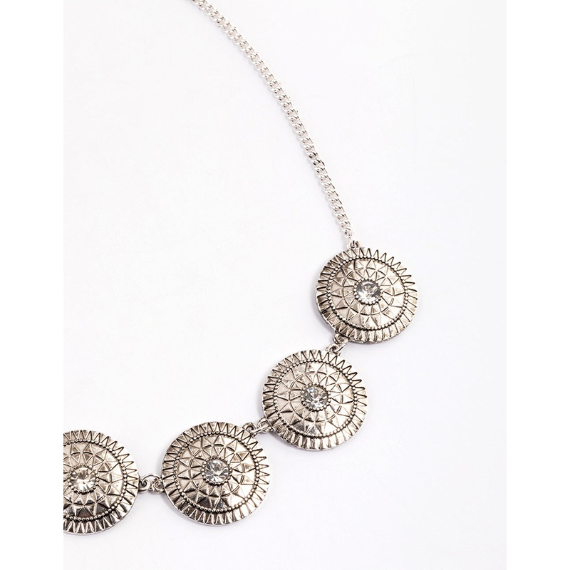 Antique Silver Diamante Pattern Disc Necklace