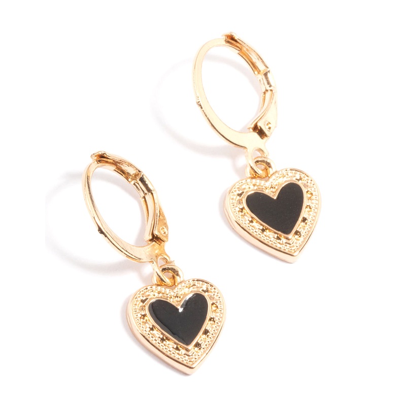 Black Enamel Heart Huggie Earrings
