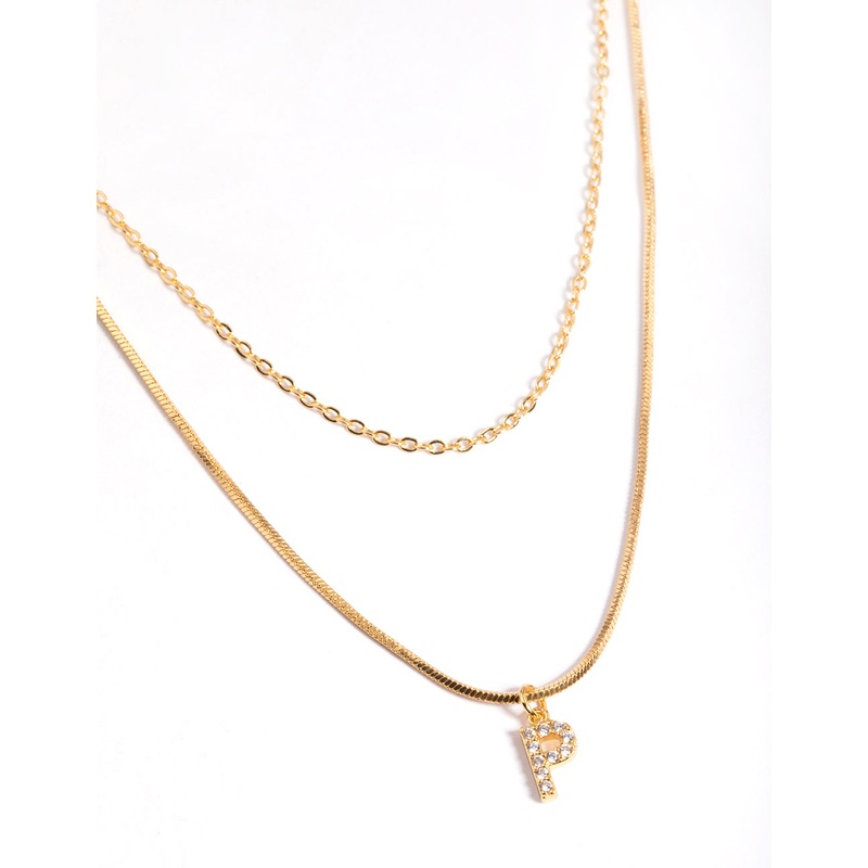 Gold Plated Diamante Letter P Layered   Necklace