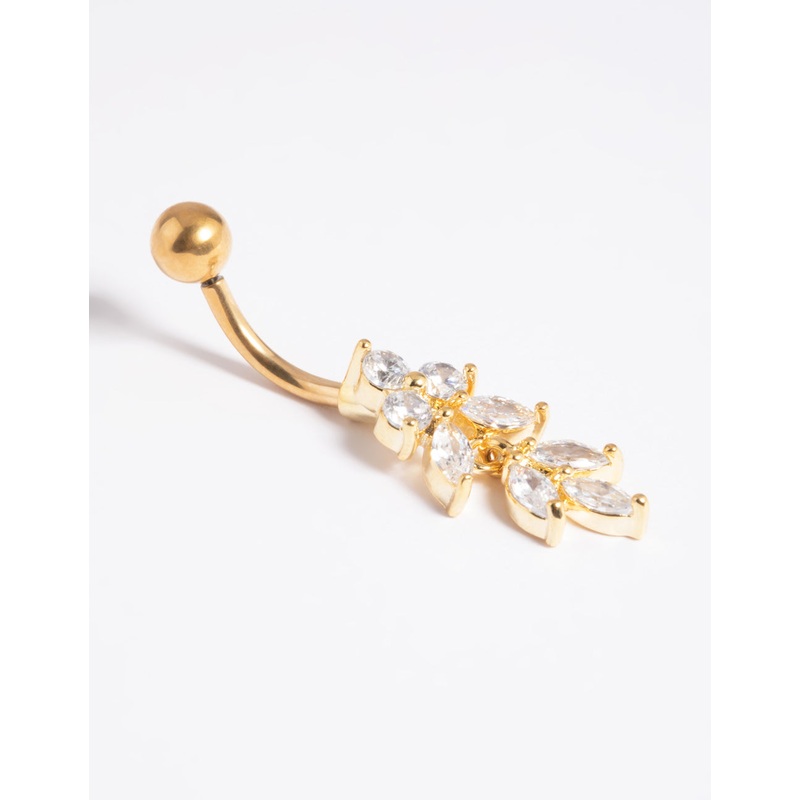 Gold Plated Titanium Threadless Marquise Crystal Belly Bar