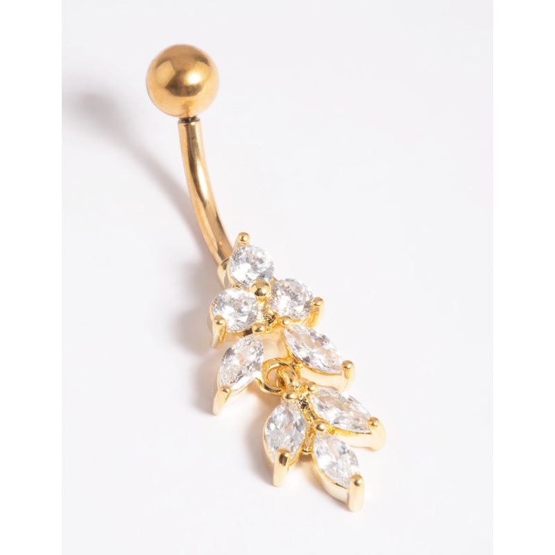 Gold Plated Titanium Threadless Marquise Crystal Belly Bar