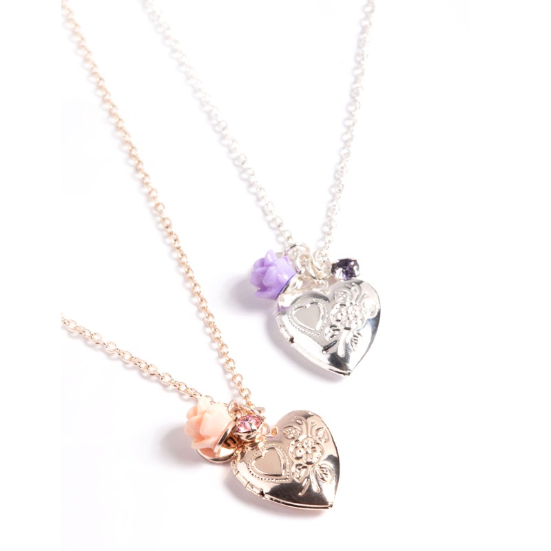 Kids Etched Heart Locket Necklace Pack