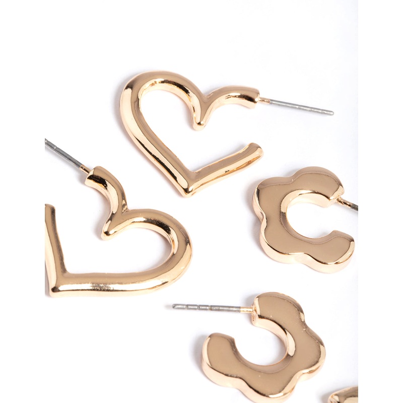 Gold Flower Heart Round Earrings Pack