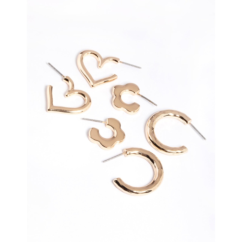 Gold Flower Heart Round Earrings Pack
