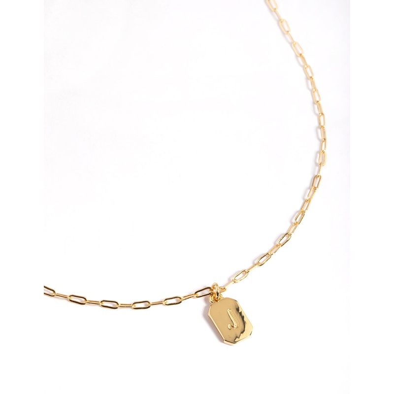 Gold Plated  Letter J Rectangle Pendant  Necklace
