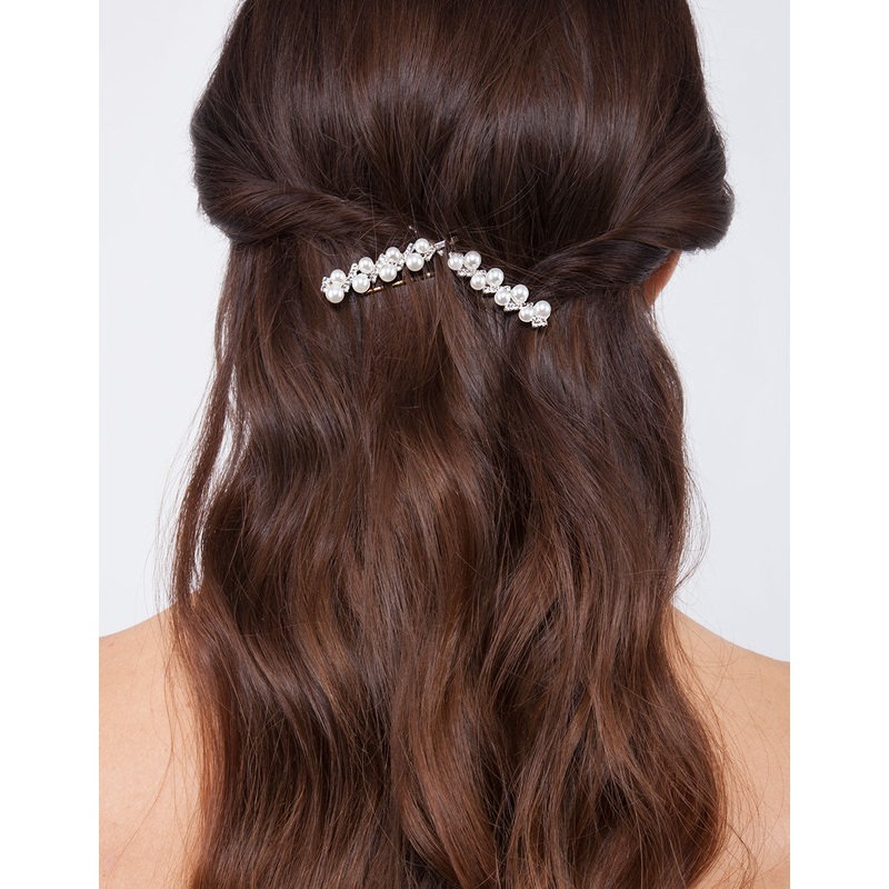 Pearl & Diamante Silver Zig Zag Hair Pin Pack