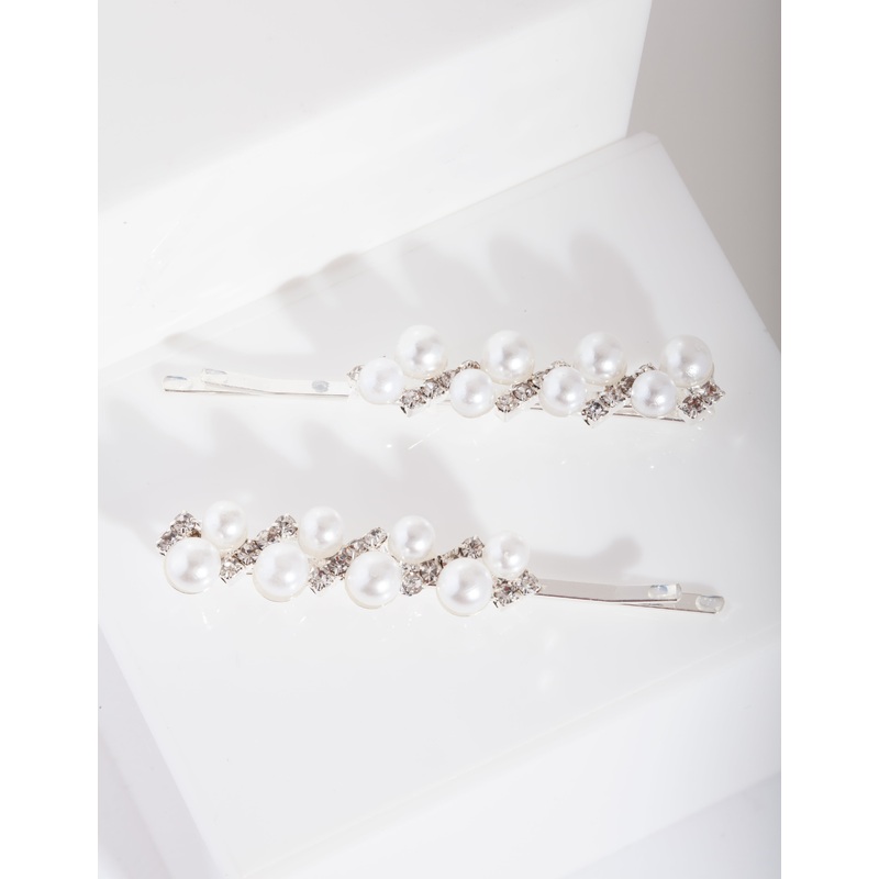 Pearl & Diamante Silver Zig Zag Hair Pin Pack