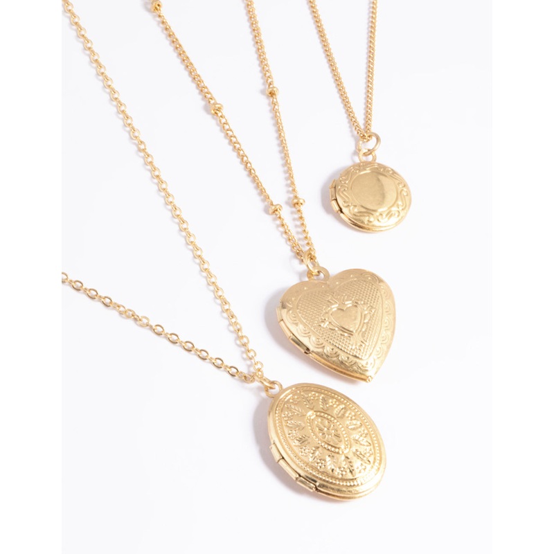 Worn Gold Mix Locket Triple Row Necklace