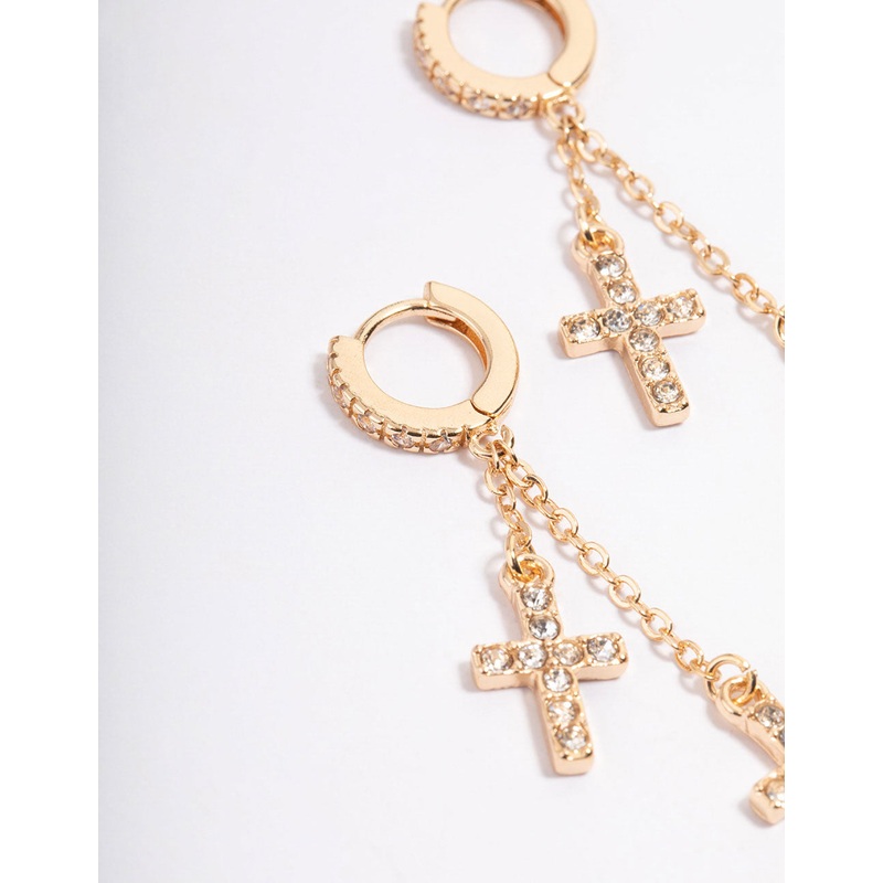 Gold Diamante Double Cross Huggie Earrings