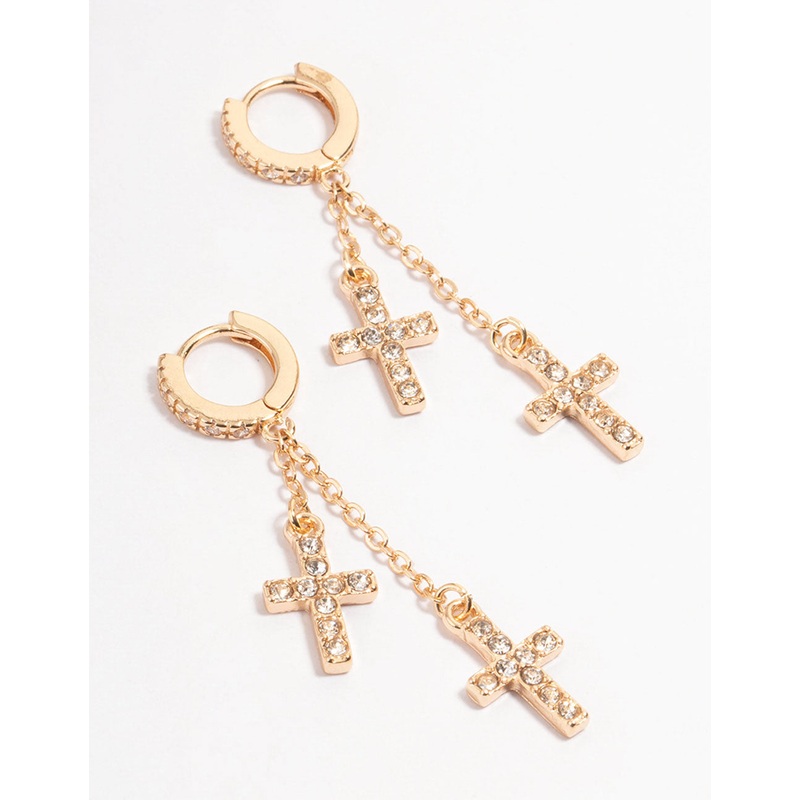 Gold Diamante Double Cross Huggie Earrings