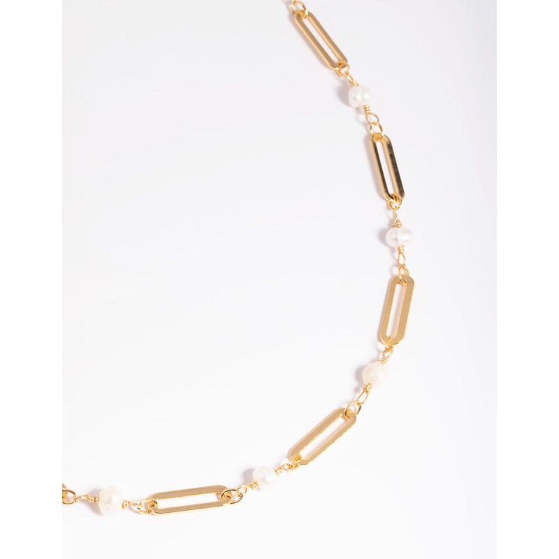 Gold Plated Freshwater Pearl Oval Chain Link Necklace