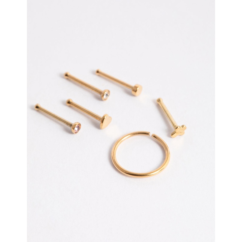 Gold Plated Surgical Steel Heart & Cross Nose Stud 6-Pack