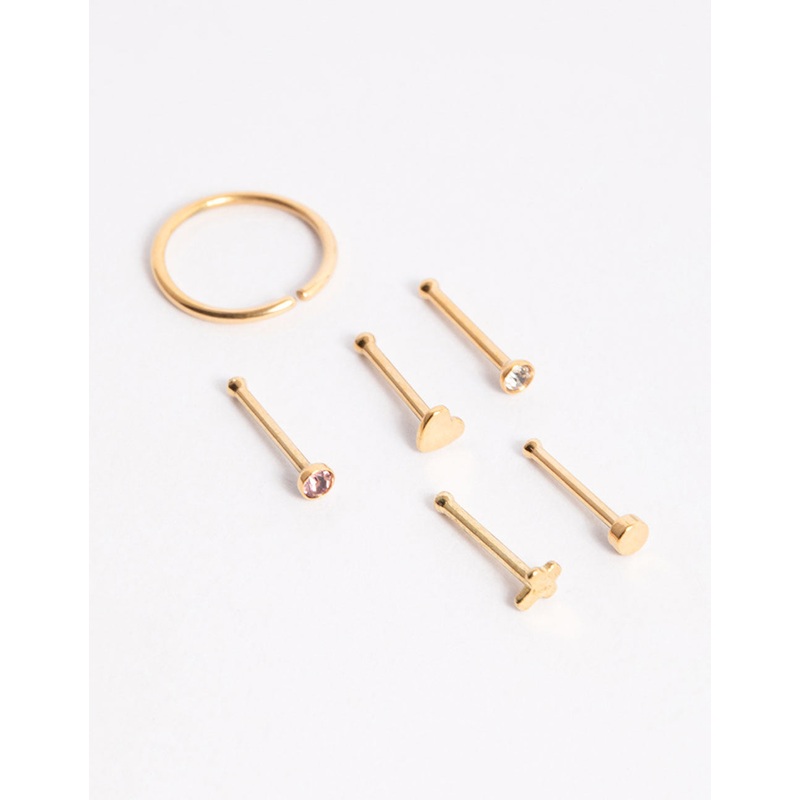 Gold Plated Surgical Steel Heart & Cross Nose Stud 6-Pack