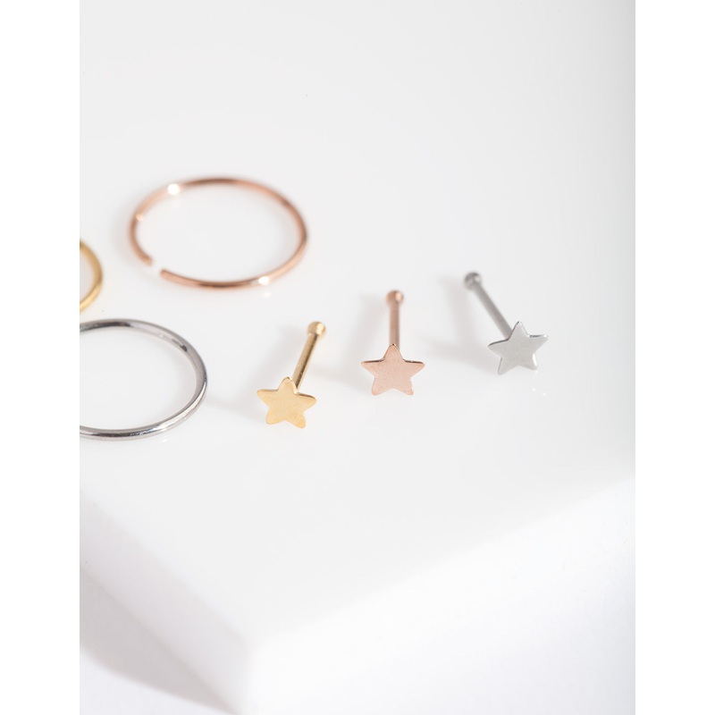 Mixed Metal Fine Star Nose Piercing 6-Pack