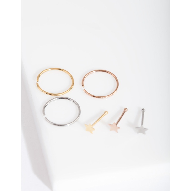 Mixed Metal Fine Star Nose Piercing 6-Pack