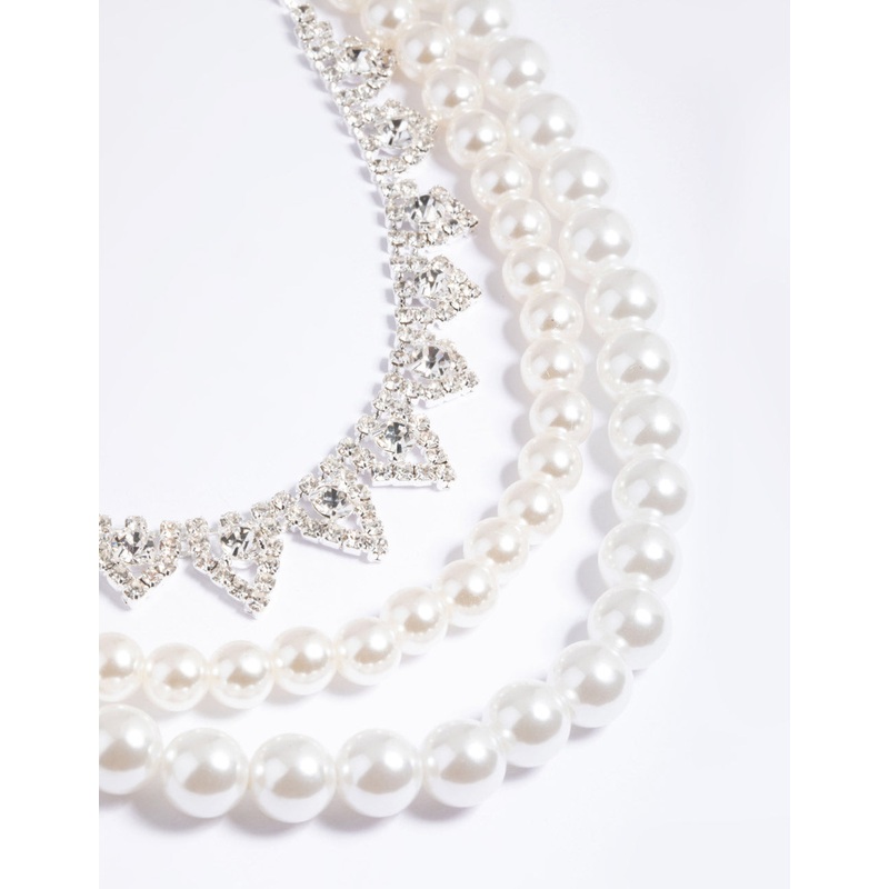Silver 2-Row Pearl Triangle Diamante Necklace