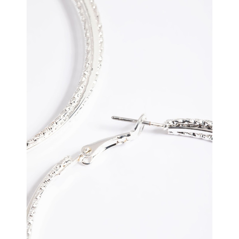 Silver 60mm Textured Twist Hoop Earrings