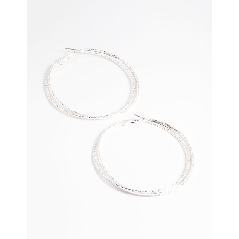 Silver 60mm Textured Twist Hoop Earrings