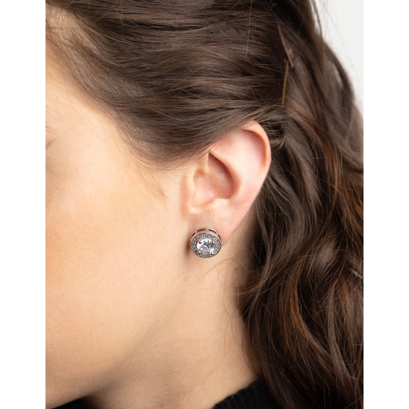 Silver Pave Circle Stud Earrings