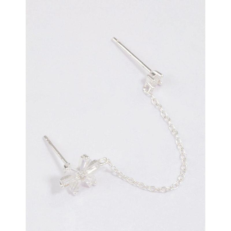 Sterling Silver Baguette Flower Chain Stud Earrings