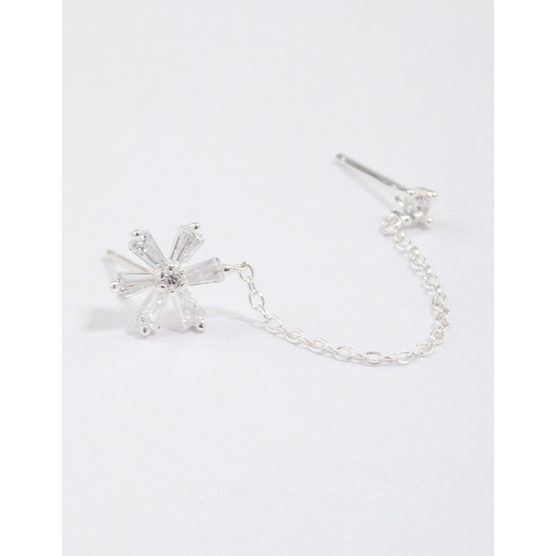 Sterling Silver Baguette Flower Chain Stud Earrings